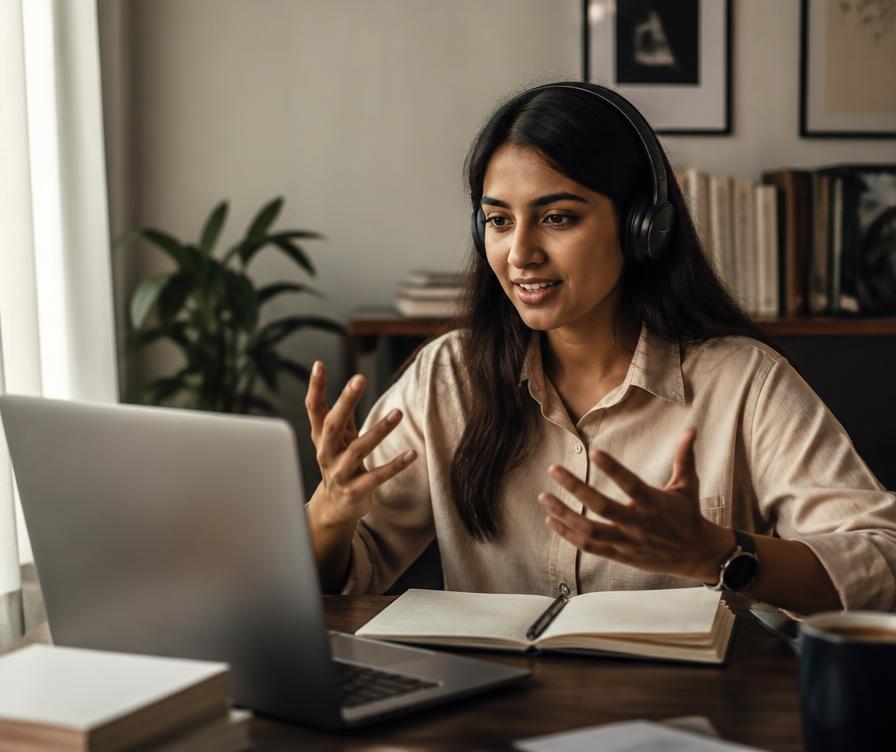 Candidate speaking confidently during a video interview at home