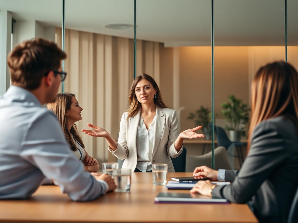 A manager presenting to colleagues in a meeting room